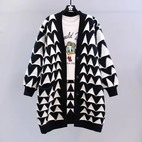 V领拼色毛衣外套女秋冬2023年新款慵懒风宽松中长款洋气针织开衫图片