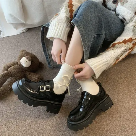 厚底乐福鞋女2024春秋季新款复古百搭高跟单鞋配裙子jk粗跟小皮鞋商品大图