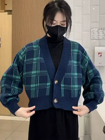 格子V领短款针织开衫外套女2023秋新款韩版时尚显瘦拼色上衣ins潮图片