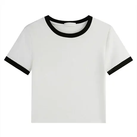 修身显瘦拼接撞色上衣女2023年夏季新款短款短袖打底衫内搭T恤潮商品大图