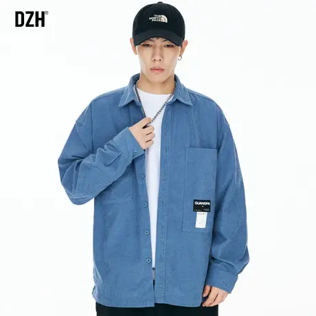 男士蓝色免烫华夫格衬衫男长袖秋季男装高级感休闲衬衣外套春秋款商品大图