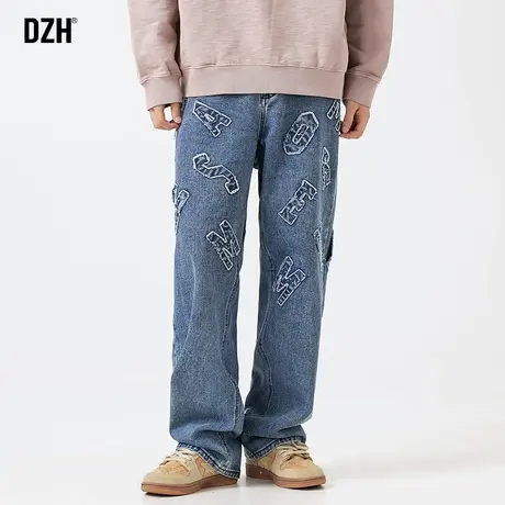 男士蓝色直筒牛仔裤男高街美式设计感裤子宽松休闲裤男款2023新款商品大图