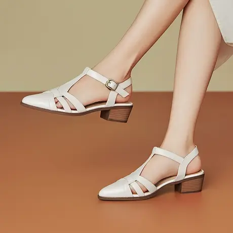 夏季新款真皮复古凉鞋女舒适柔软头层牛皮罗马镂空粗中跟时尚女鞋商品大图