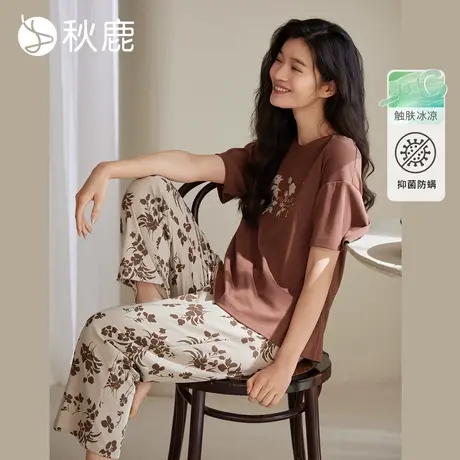 秋鹿唯美印花抑菌凉感纯棉睡衣女士2025夏季新款短袖九分裤家居服商品大图