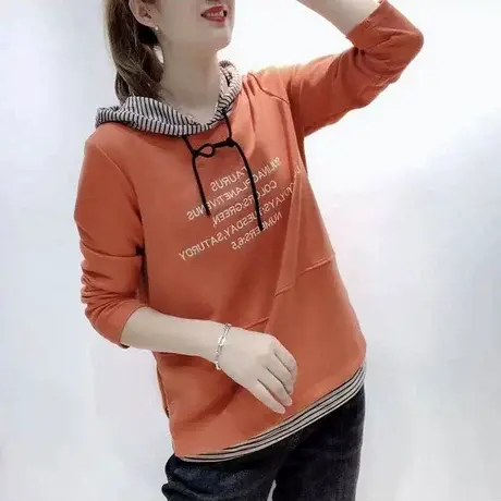 2023春秋新款休闲连帽卫衣显瘦女装大码字母假两件设计感外套上衣商品大图