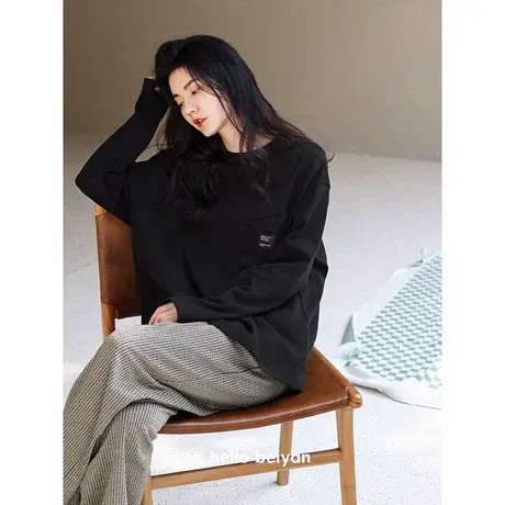 贝妍睡衣女春秋柔软棉长袖黑色家居服慵懒宽松大码可外穿少女套装商品大图