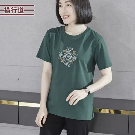 简约休闲纯色圆领绣花宽松短袖T恤女装外穿上衣大码2023夏季新款商品大图
