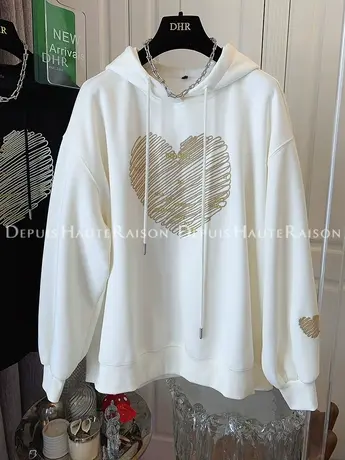 复古时尚刺绣字母爱心连帽卫衣上衣女宽松休闲中长款2023春装新款商品大图