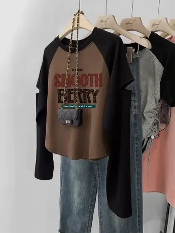 正肩长袖T恤女美式复古chic甜酷风上衣遮臂显瘦ins潮插肩打底衫秋商品大图