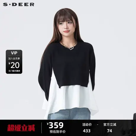 sdeer圣迪奥女装罗纹圆领撞色拼接宽松针织衫S24183507图片
