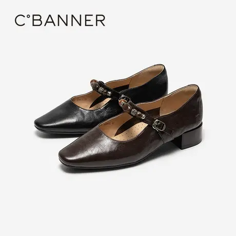 千百度复古羊皮玛丽珍鞋女百搭气质新款通勤粗中跟浅口黑色单鞋图片