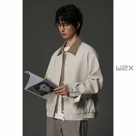 w2x2025春秋季新款拼色翻领风格收口款夹克男设计感百搭休闲外套商品大图