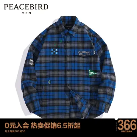 太平鸟男装 刺绣格纹长袖衬衫男宽松衬衫 B1CHD1205商品大图