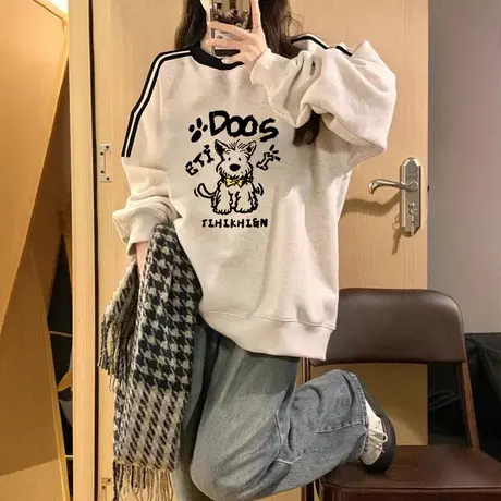 山东即墨插肩复古外套女春秋款情侣装撞色正肩卫衣女ins美式上衣商品大图