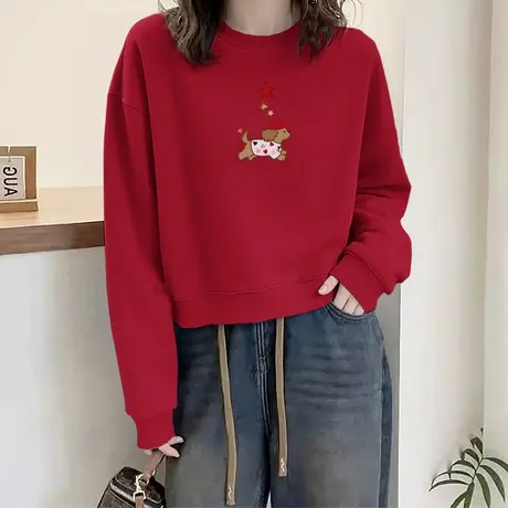 回力红色卫衣女款外套春秋季薄款2025新款小个子韩系圆领短款上衣图片