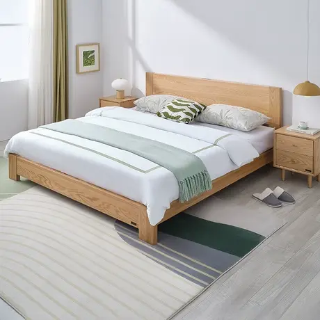 全友家居北欧风实木双人床家用卧室小户型多功能1米2橡木单人床商品大图