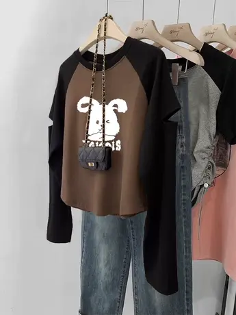 打底衫2023新款女秋冬断袖插肩甜酷风长袖T恤ins潮牌洋气减龄上衣商品大图