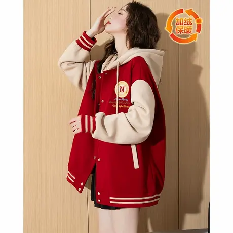 唐狮2025初春新款连帽棒球服外套女红色新年战袍加绒上衣秋冬k商品大图