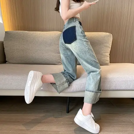 翻边阔腿牛仔裤女2023春夏新款高腰宽松显瘦九分小个子直筒烟管裤商品大图