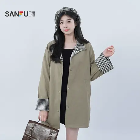 三福单外套2025秋季设计感撞色宽松格子拼接夹克风衣女装511391商品大图