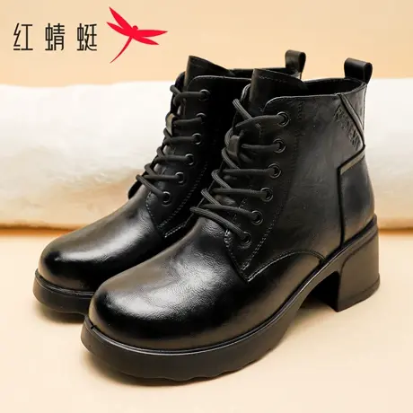 红蜻蜓女鞋2025冬季新款时尚休闲粗跟靴子防滑简约真皮高跟短靴女图片