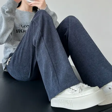 灰色灯芯绒阔腿裤女秋冬季2023新款高腰宽松垂感休闲小个子直筒裤商品大图