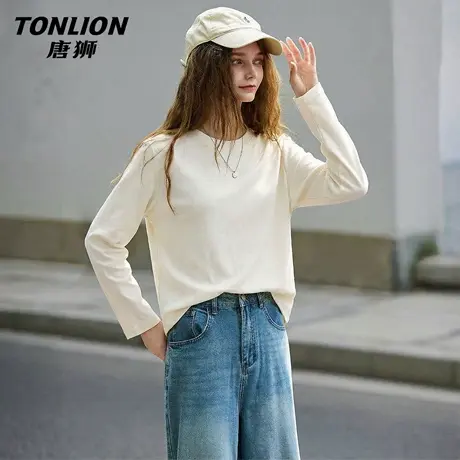 唐狮官方纯棉长袖上衣女春秋款2026新款女士休闲宽松圆领t恤女VB商品大图