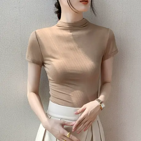 半高领短袖打底衫女2023秋季新款正肩莫代尔纯色修身内搭T恤上衣图片