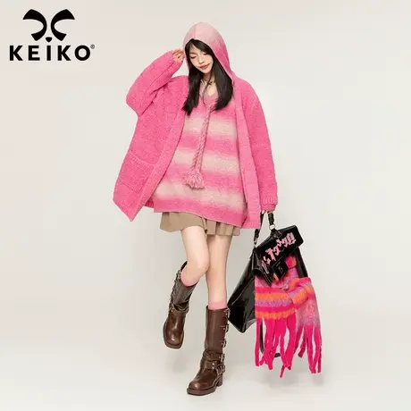 KEIKO 芭比粉毛衣外套女厚款2023秋冬慵懒风软糯宽松粗线针织开衫图片