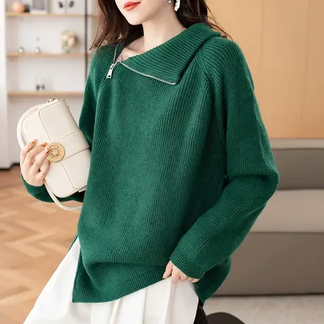 2023新款秋冬女士毛衣针织衫拉链上衣开衫外套宽松长袖常规慵懒风商品大图