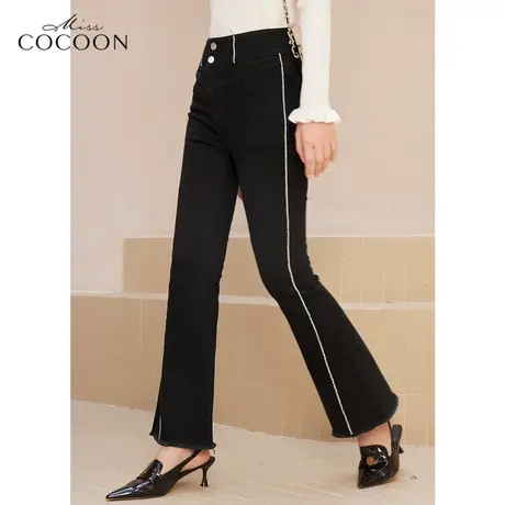 missCOCOON弹力黑色裤子女2023新款春季高腰显瘦设计感微喇牛仔裤商品大图