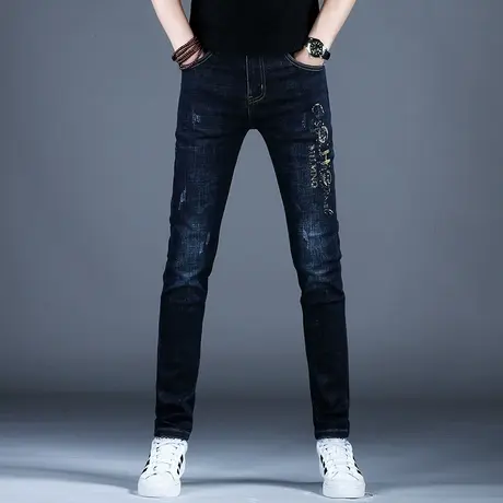 男士新款秋季牛仔裤男款时尚烫钻修身小脚裤子男2023新款潮牌百搭商品大图