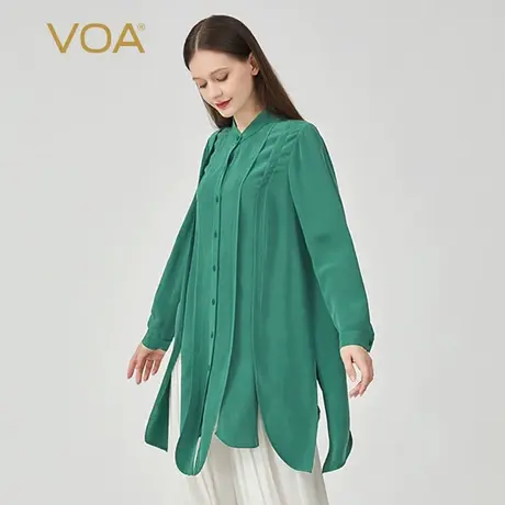 VOA真丝30姆米重磅立领单排扣立体装饰做旧长袖不对称桑蚕丝衬衫图片