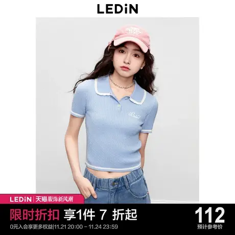 乐町新品短款翻领小上衣修身2023秋季新款polo领甜美短袖针织衫商品大图