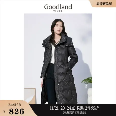 Goodland美地女装冬季保暖中长款外套加厚连帽设计感羽绒服商品大图