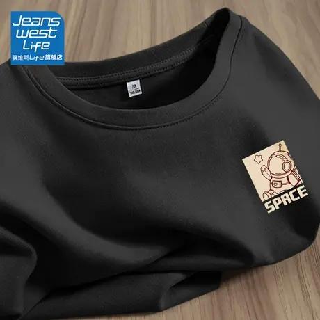 真维斯LIFE黑色短袖t恤女夏季纯棉2023新款时尚简约宽松显瘦上衣商品大图