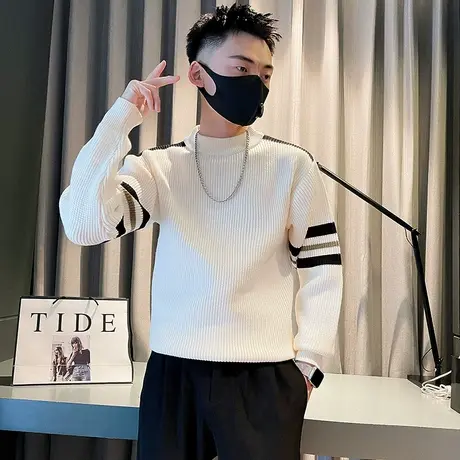毛衣男2023年秋冬重磅ins小众休闲拼色条纹设计感轻熟内搭针织衫商品大图