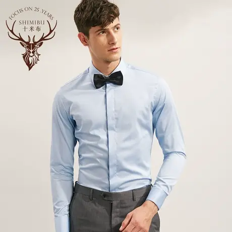 十米布丝光棉法式衬衫 男士长袖天蓝色方领衬衣 商务修身白色衬衫商品大图