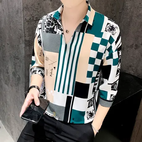 发型师潮牌个性t恤男士冰感七分袖夏季ins帅气V领冰丝花短袖体恤商品大图