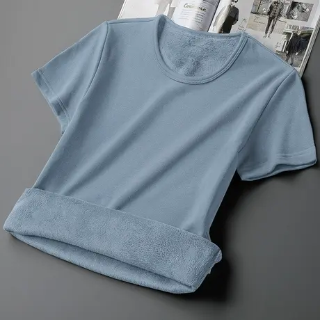 短袖t恤男纯色秋冬季保暖加绒加厚半袖内搭打底衫潮流圆领上衣服商品大图