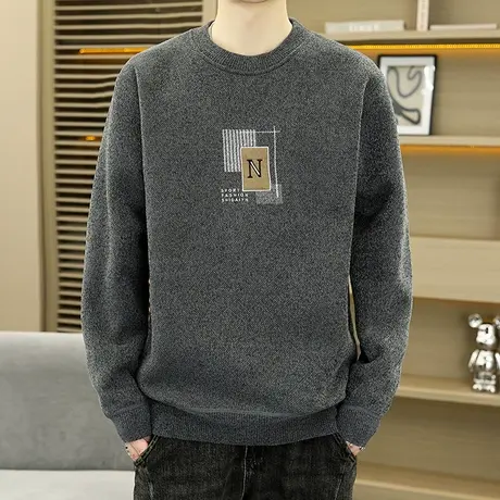 雪尼尔软糯毛衣男冬季加绒加厚打底针织衫字母刺绣保暖内搭毛线衣商品大图