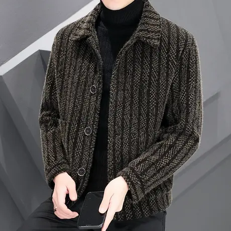 短款呢子外套男秋冬潮流翻领仿貂绒毛呢大衣加厚休闲夹克男士开衫商品大图