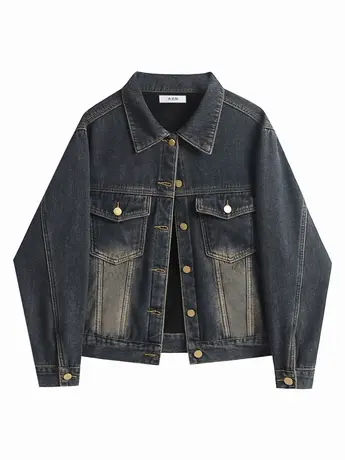 加绒牛仔外套女显瘦秋冬美式复古百搭正肩夹克做旧深色加厚上衣潮商品大图