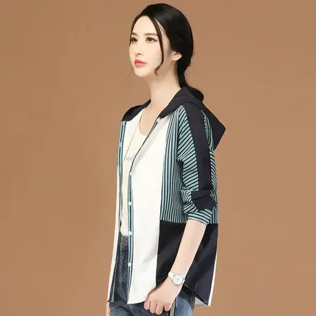 韩潮袭人连帽条纹中长款女士外套薄款2024春季新款百搭显瘦棒球服图片