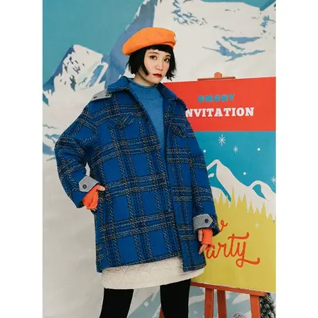 omont蛋挞家 复古宽松可拆卸帽格纹毛呢外套女中长款羊毛大衣秋冬商品大图