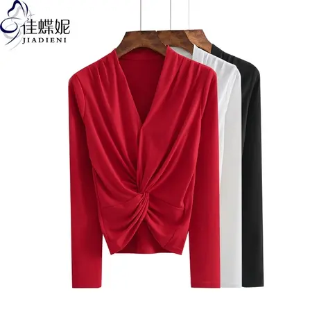 春秋新款韩版纯棉修身显瘦短款V领纯色简约长袖体恤上衣内搭打底商品大图