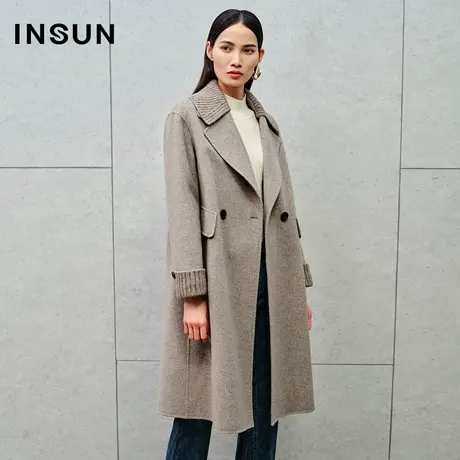 INSUN恩裳线上专选冬季拼接可拆卸领羊毛大衣图片