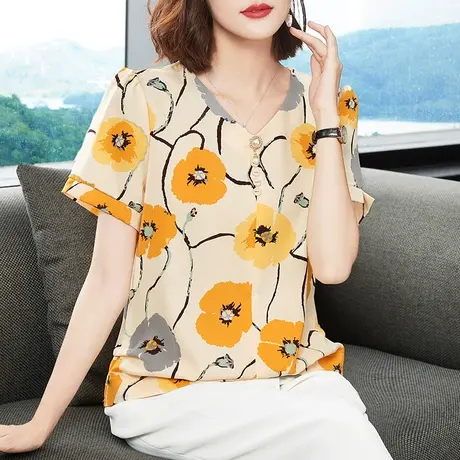 2023夏季新款短袖印花衬衫上衣中年女士百搭妈妈印花衬衣雪纺衫女商品大图