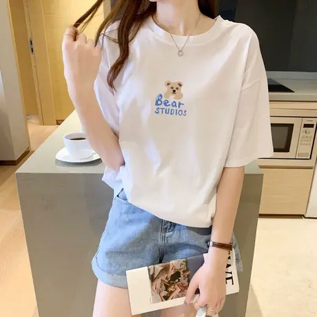 白色短袖t恤女夏2023新款设计感小众半袖体恤宽松圆领纯棉上衣商品大图