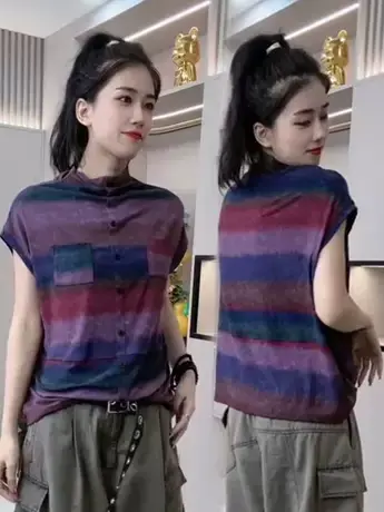 欧货时尚百搭2023夏季扎染印花半高领短袖T恤女气质设计感上衣潮商品大图